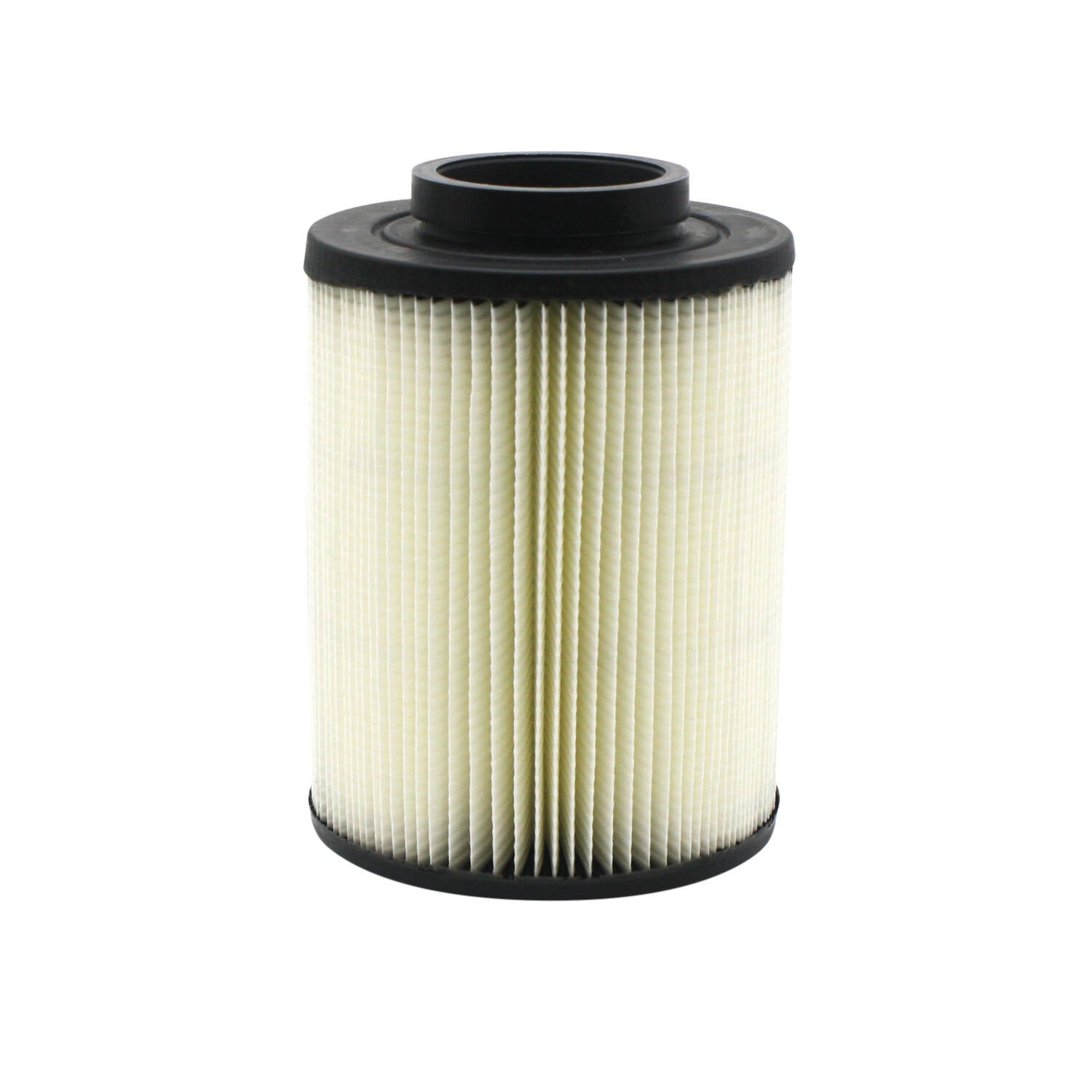 Cylindrical off-white pleated filter intake with black plastic top and bottom caps.