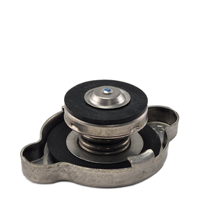 A close-up of the Radiator Pressure Cap by Polaris, a metal cap with a spring mechanism, round black rubber seal, and two side tabs, isolated on white. Perfect for Cap Pressure applications or as OEM Victory Polaris replacement parts.