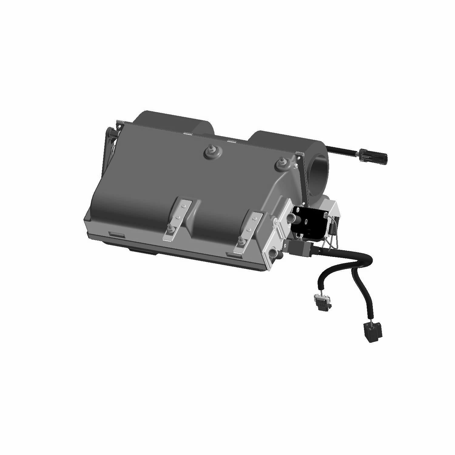 Compact black heater and blower system with attached wiring harness for Polaris Ranger UTV.