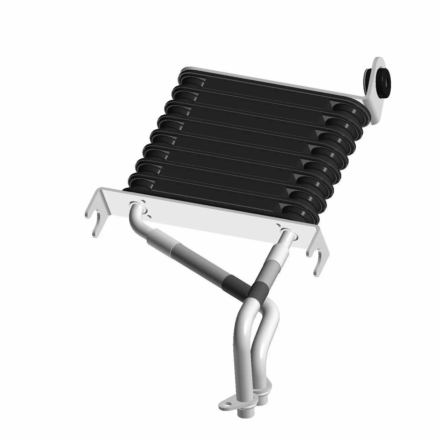 Black finned oil cooler with silver metal mounting brackets and attached dual silver inlet/outlet pipes.
