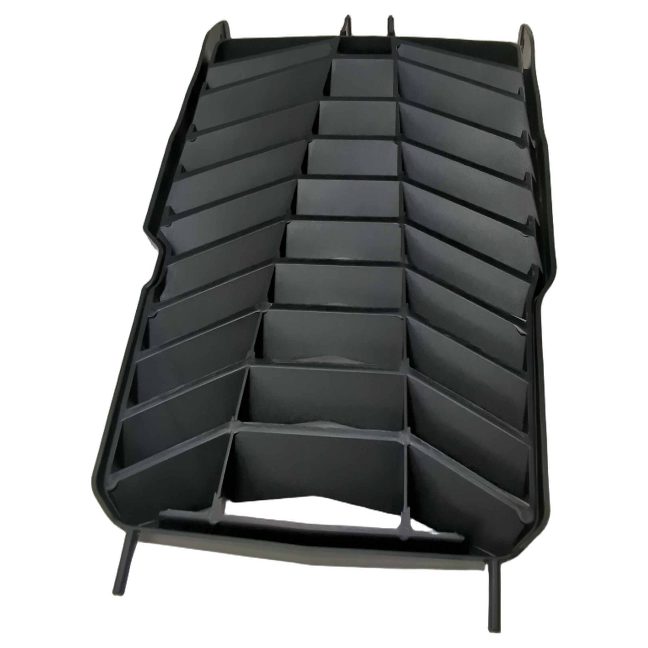 Black plastic radiator shroud with ribbed vented design and mounting tabs, for motorcycle cooling assembly.