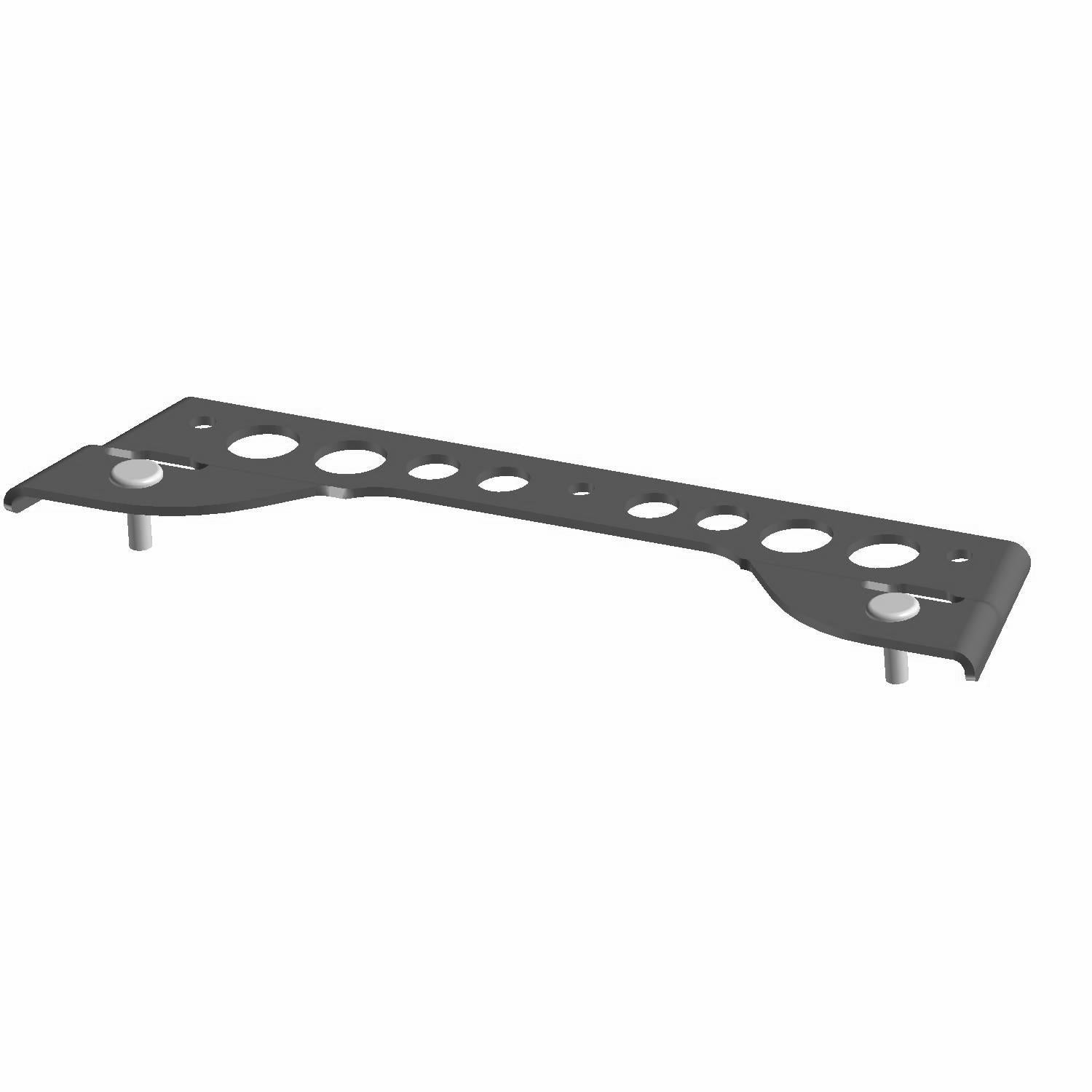 Black metal fan bracket mount with multiple circular cutouts and mounting studs.