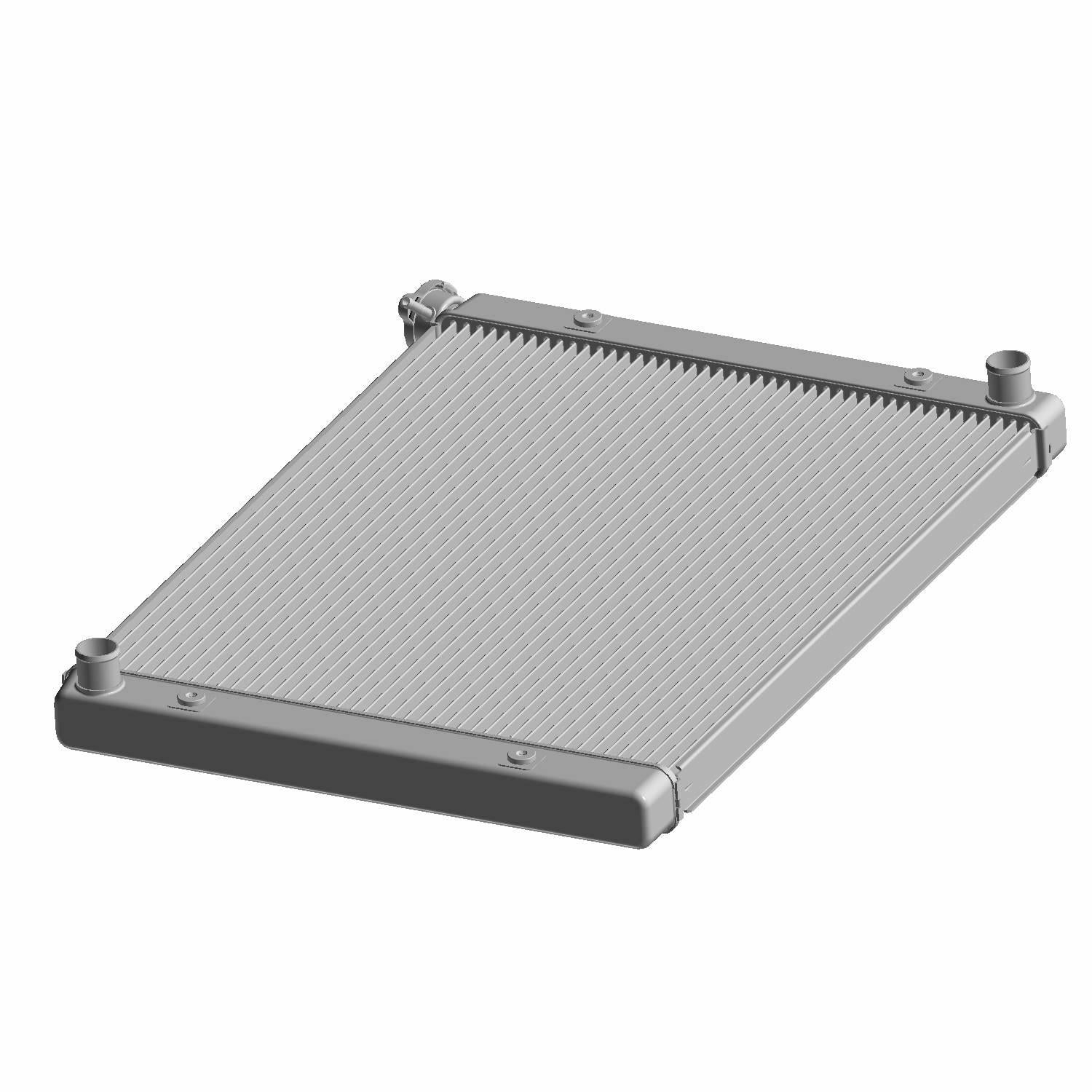 Gray metal HVAC core radiator with finned cooling surface and mounting points.