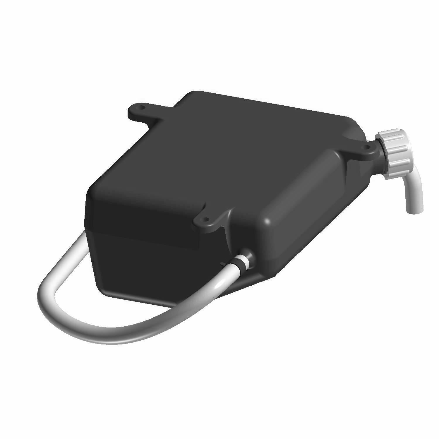 Black rectangular surge tank with attached silver metal hose and silver screw-on cap.