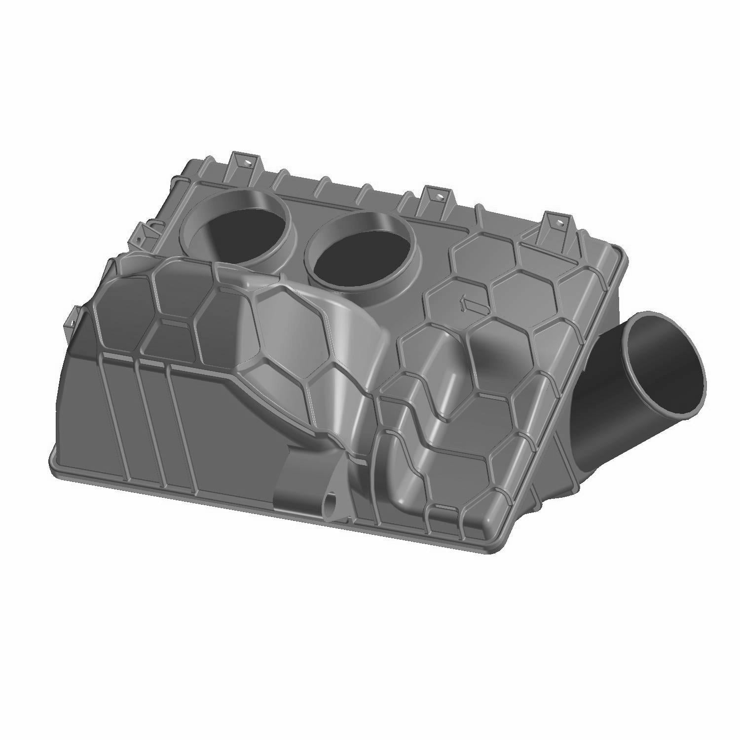 Black plastic engine housing intake with hexagonal pattern and round inlet openings.