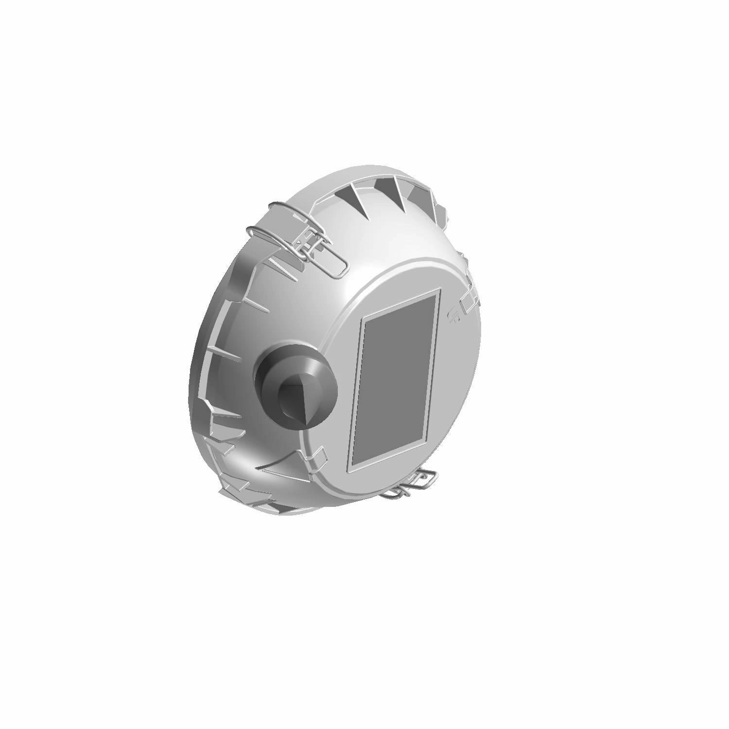 Silver-gray round Polaris airbox cover with mounting clips and rectangular central vent panel.