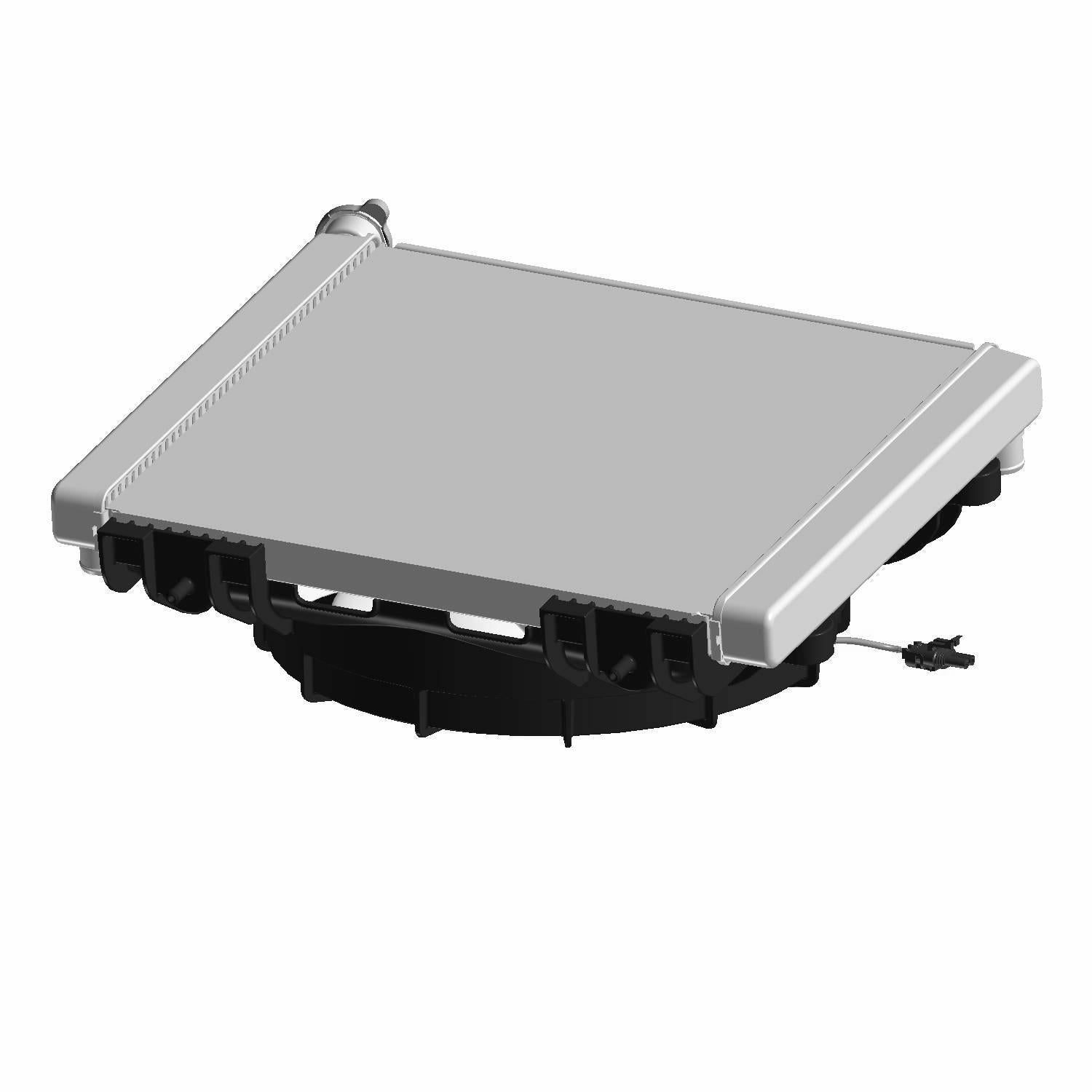 Rectangular silver metal radiator with black plastic base and hose connector attached.