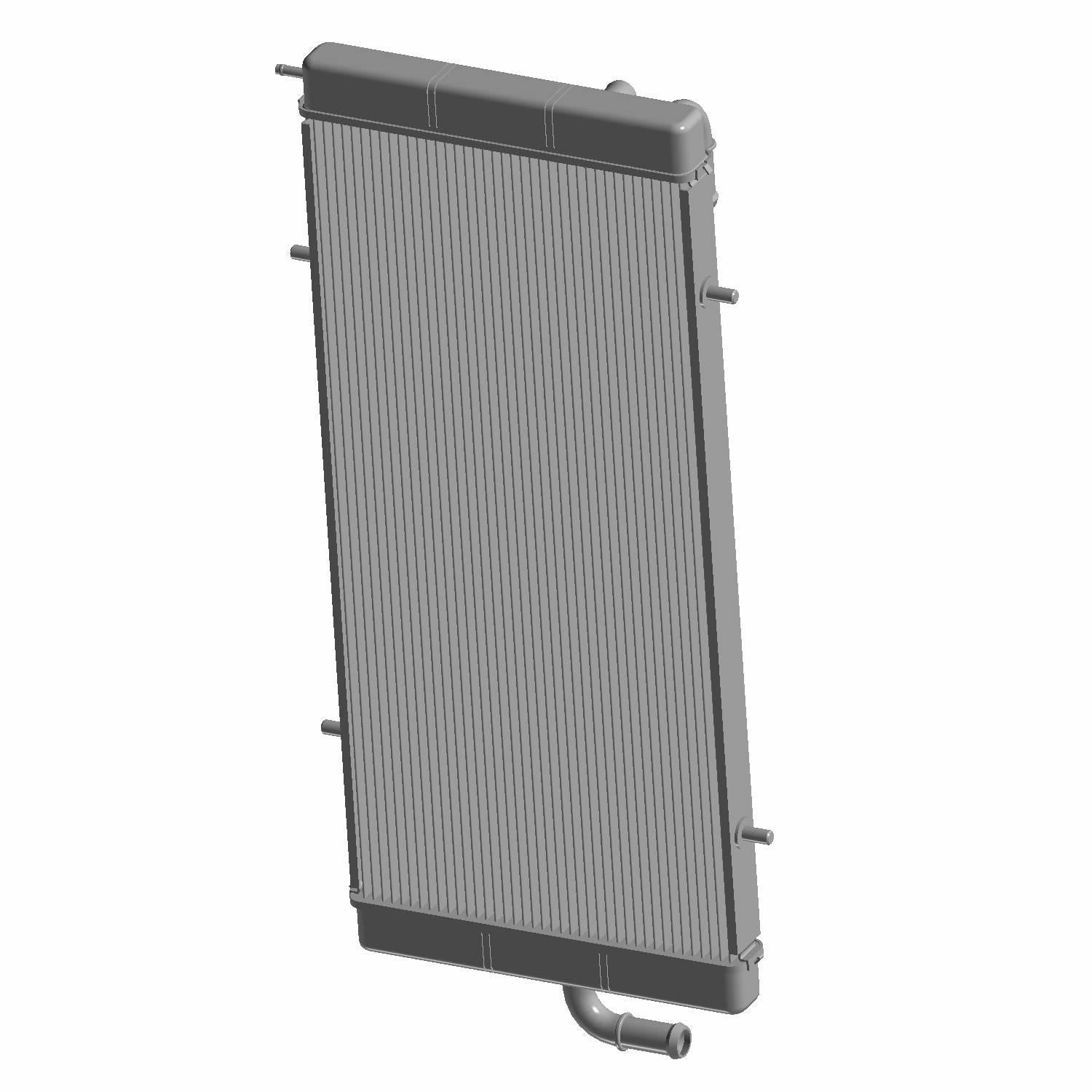 Tall rectangular gray metal radiator core with fine cooling fins and black plastic end tanks on top and bottom.