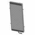 Tall rectangular gray metal radiator core with fine cooling fins and black plastic end tanks on top and bottom.