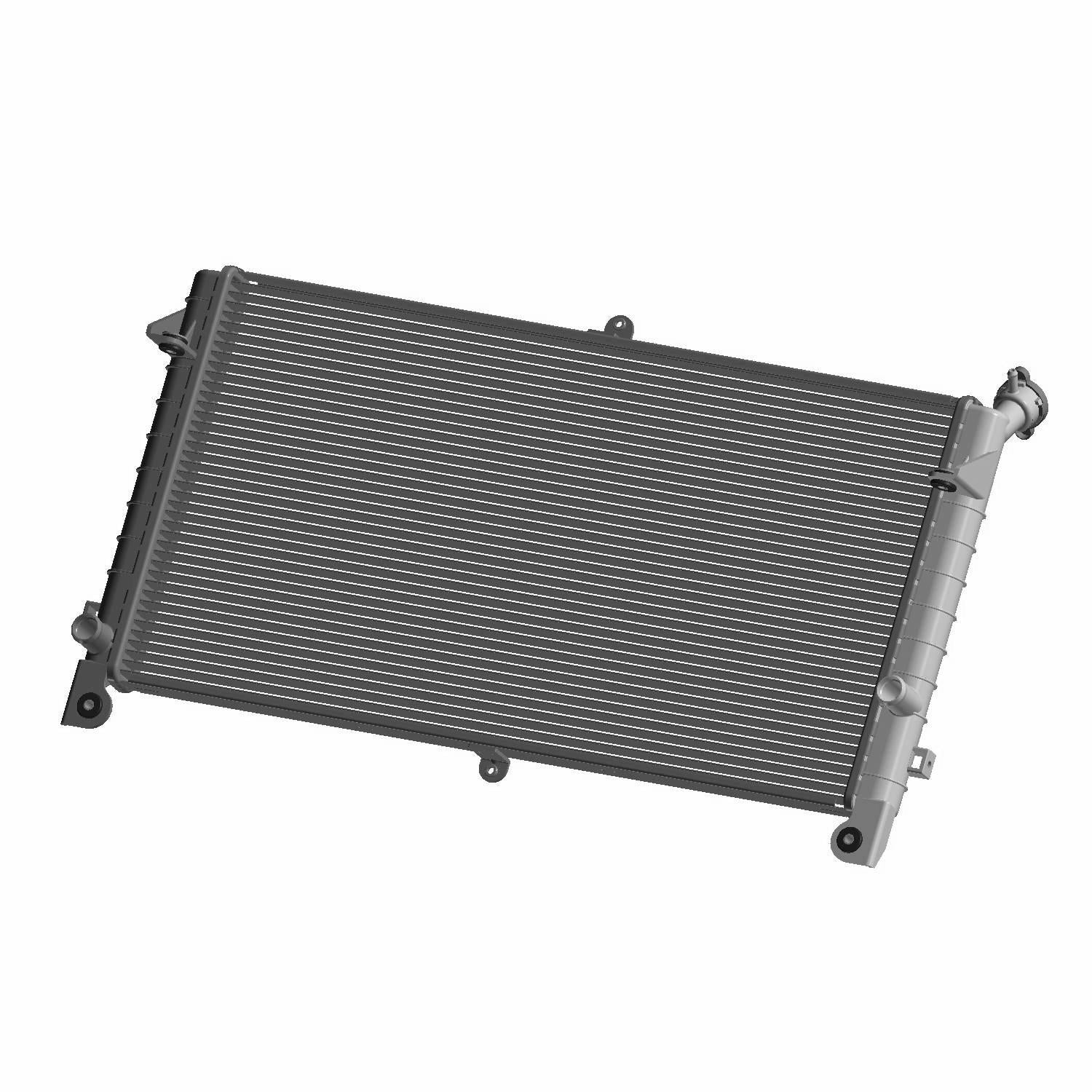 Black rectangular radiator core with horizontal cooling fins and metal mounting points on corners and side pipe fittings.