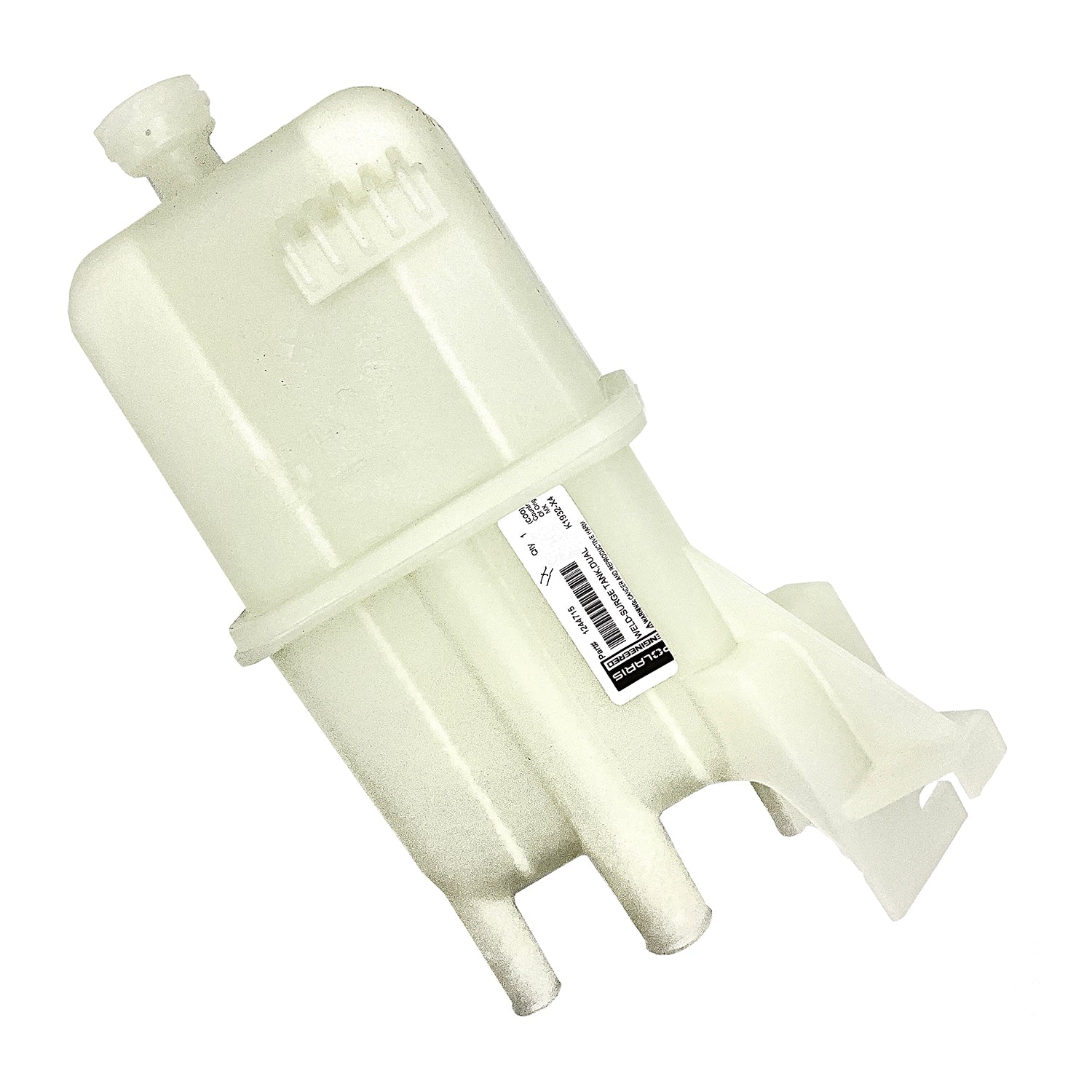 Off-white translucent plastic surge tank with molded mounts and a small cap on top.