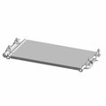 Rectangular metal HVAC condenser with dual inlet and outlet pipes on each side, silver finish.