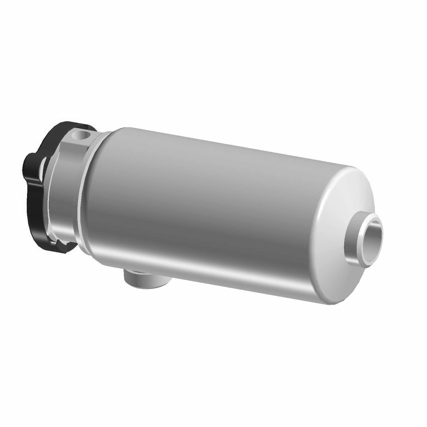 Silver cylindrical metal tank with black capped end and smaller outlet pipe on side and front.