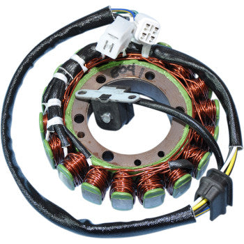 Copper coil stator with black wrapped wiring and white connectors for Suzuki ATV electric system.