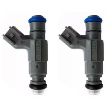Two Remanufactured 1999-2001 Victory OEM Fuel Injectors by Witchdoctors, featuring blue and black seals, are side by side on a white background. A red shield icon at the bottom left states 2 YEARS WARRANTY in bold black and white text.