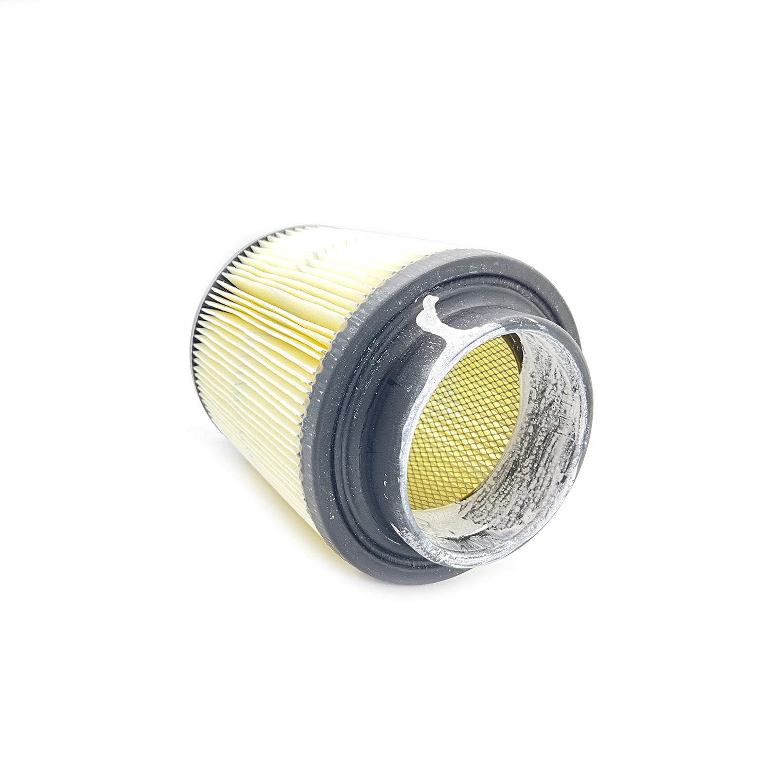 Cylindrical yellow paper pleated airbox filter with black rubber gasket and open center hole.