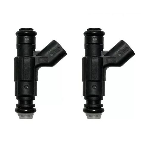 Two black Remanufactured 2002-2007 Victory Bosch Fuel Injectors by Witchdoctors are shown side by side on a white background, with a red shield icon in the corner stating 2 YEARS WARRANTY for reliable motorcycle performance.