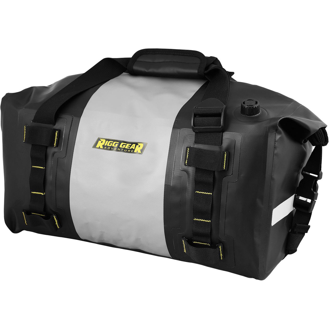 The Hurricane Duffle Bag 25L Black by Nelson Rigg is a waterproof black and gray duffle with black straps, yellow stitching, and a front Rigg Gear Adventure logo. It has a side buckle, top handle, and is RiggSTRAP system compatible—ideal motorcycle luggage.