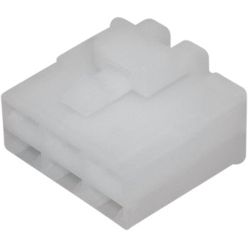 Close-up of the 250 Series Locking Connector 6 Position Female by Namz, showing its white plastic body, top locking mechanism, and six slots for pins. Sold in a 5 pack, ideal for custom applications.