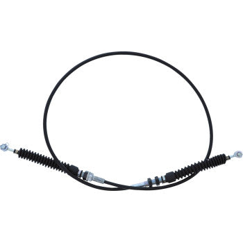 The Can Am Maverick X3 Shift Cable Turbo by All Balls features metal connectors and protective rubber coverings at both ends, with a steel inner casing for enhanced strength, shown arranged in a loose circle on a white background.