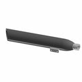 Matte black cylindrical front muffler with tapered end and metal mounting bracket.