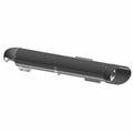 Matte black cylindrical motorcycle muffler with metal mounting brackets and tapered ends.