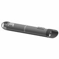 Matte black cylindrical motorcycle muffler with dual outlets and mounting brackets.