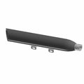 Matte black metal motorcycle muffler with dual mounting brackets and silver exhaust tip.