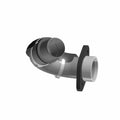 Metal exhaust manifold with black heat shield and mounting flange attachment for motorcycle engine.