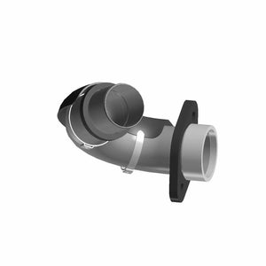 Metal exhaust manifold with black heat shield and mounting flange attachment for motorcycle engine.
