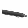 Black cylindrical rear muffler with two metal mounting brackets and a slightly tapered exhaust tip.