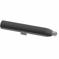 Matte black cylindrical motorcycle front muffler with silver end cap and center mounting bracket.
