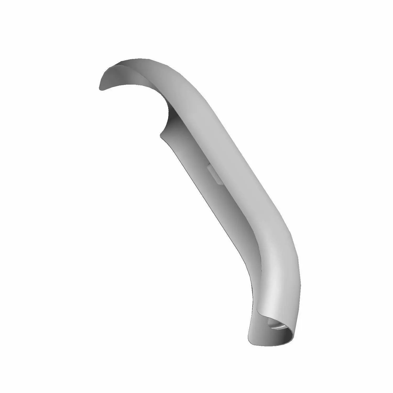 Curved silver metal exhaust shield with smooth finish and mounting holes.