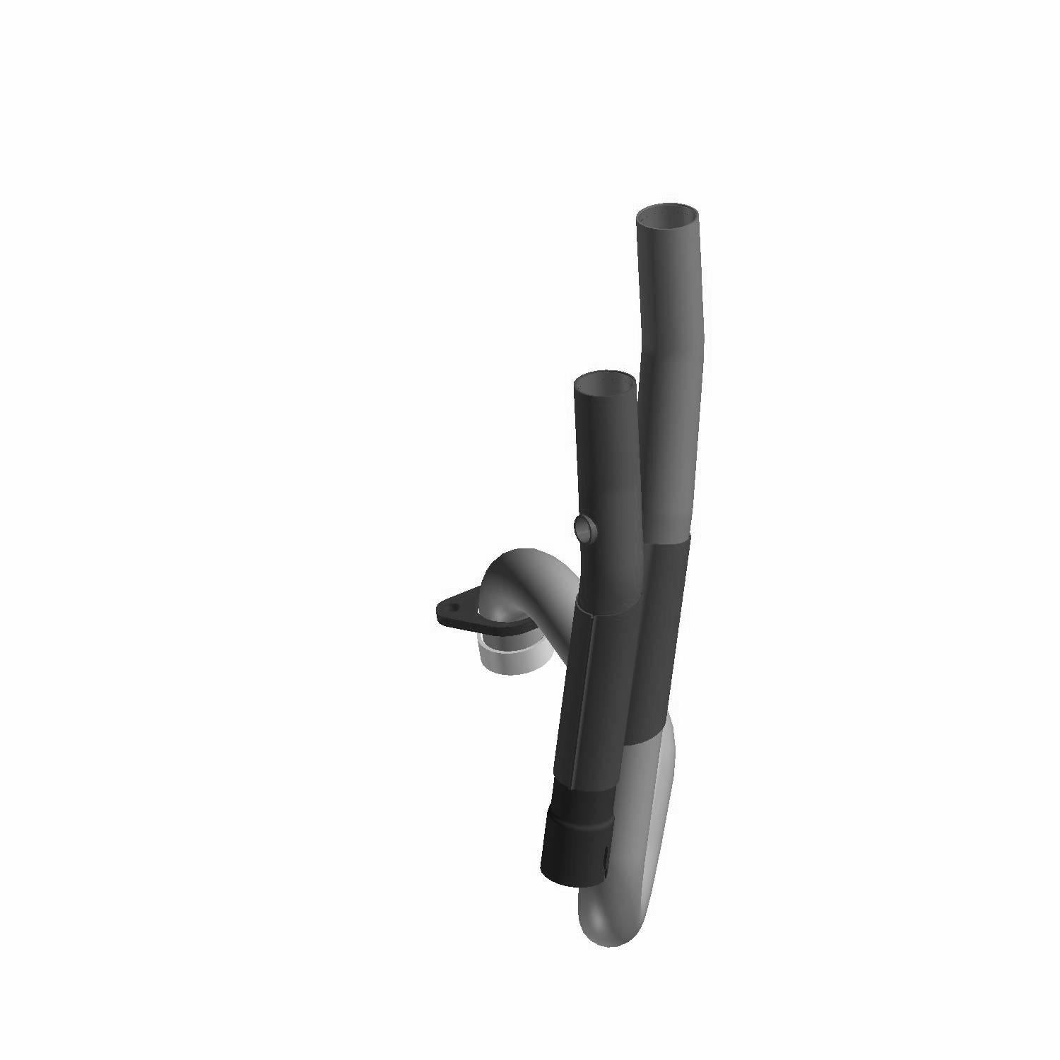 A 3D-rendered image of the Exhaust Headpipe W/ Catalyst by Polaris, featuring two vertical tubes, a horizontal connector, and a mounting bracket in gray tones on a white background, resembling a Victory motorcycle header pipe.