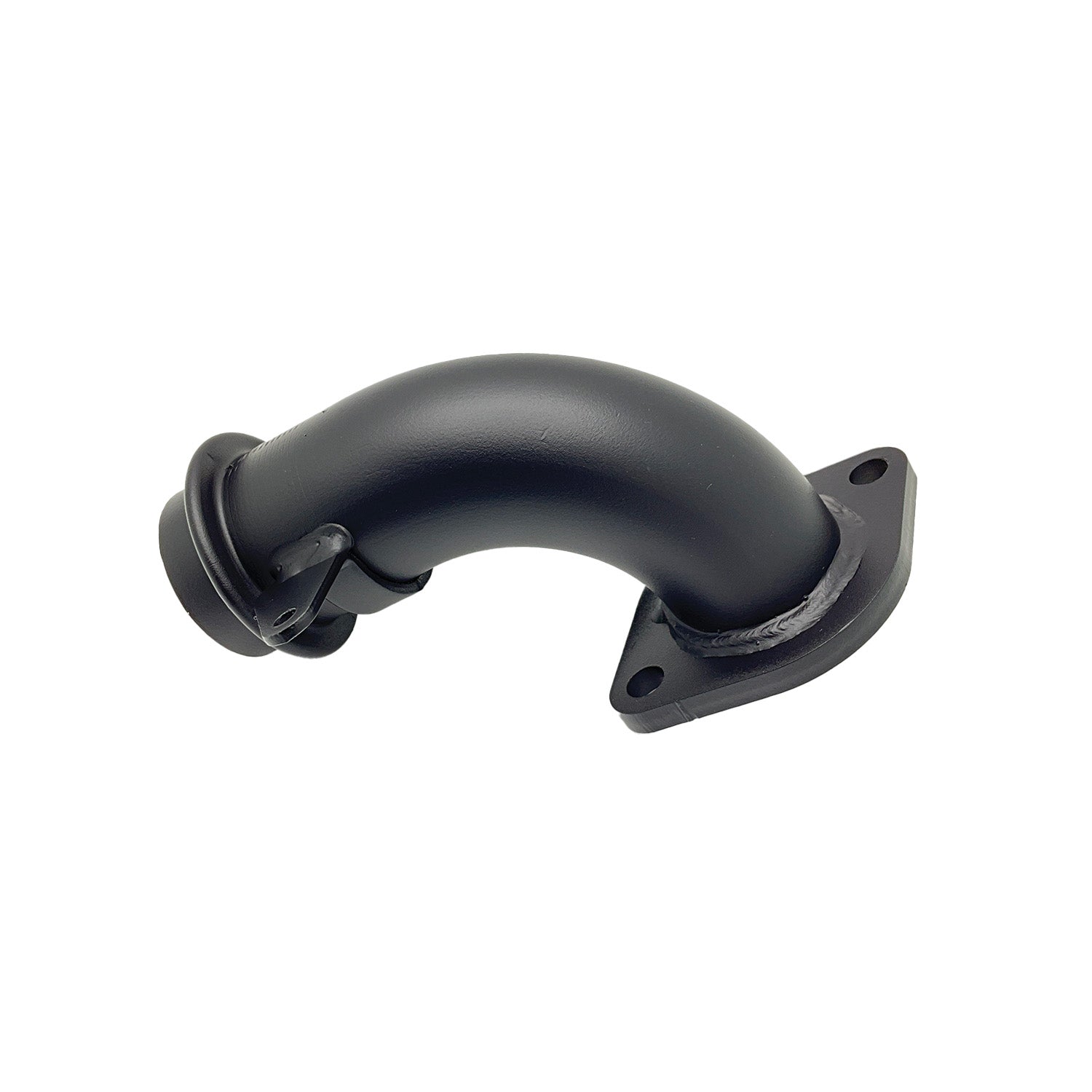 Black curved metal exhaust manifold pipe with mounting flange and smooth powder-coated finish.