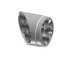 Silver metal exhaust tip with multiple circular outlets and mounting bracket on right side.