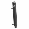 Black cylindrical motorcycle muffler with mounting brackets and metallic end cap.