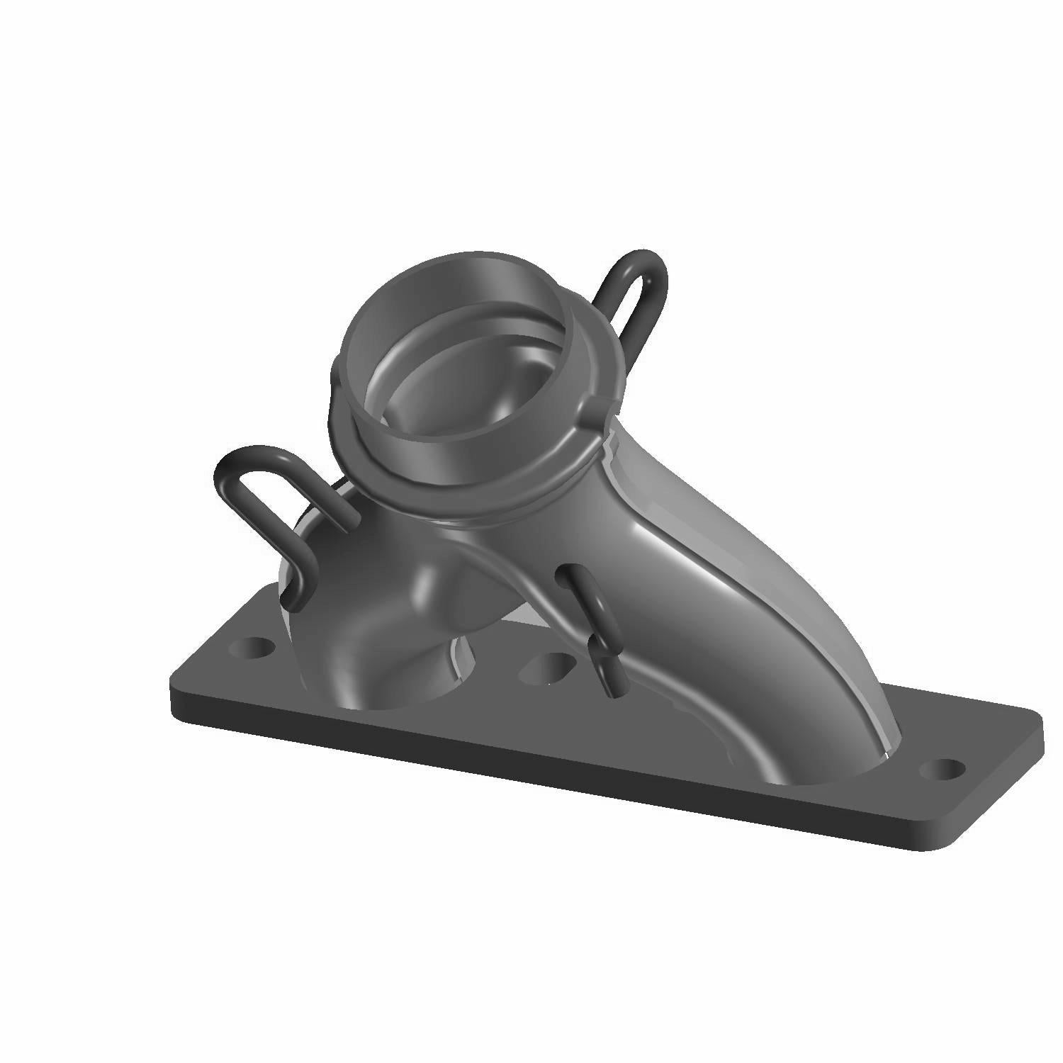 Matte gray metal manifold powder high-temp part with mounting base and attachment loops.