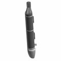 Black cylindrical motorcycle muffler with heat shield and mounting brackets.