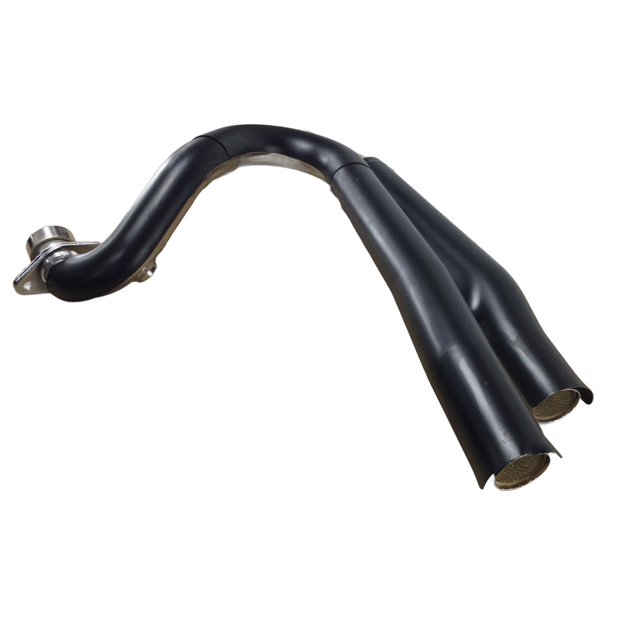 The Exhaust Pipe Head Assembly, Rear, Black by Polaris features two black metal pipes merging into one for a Victory motorcycle engine. Shown on a white background. Compatible with OEM Victory Polaris parts.
