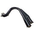 The Exhaust Pipe Head Assembly, Rear, Black by Polaris features two black metal pipes merging into one for a Victory motorcycle engine. Shown on a white background. Compatible with OEM Victory Polaris parts.