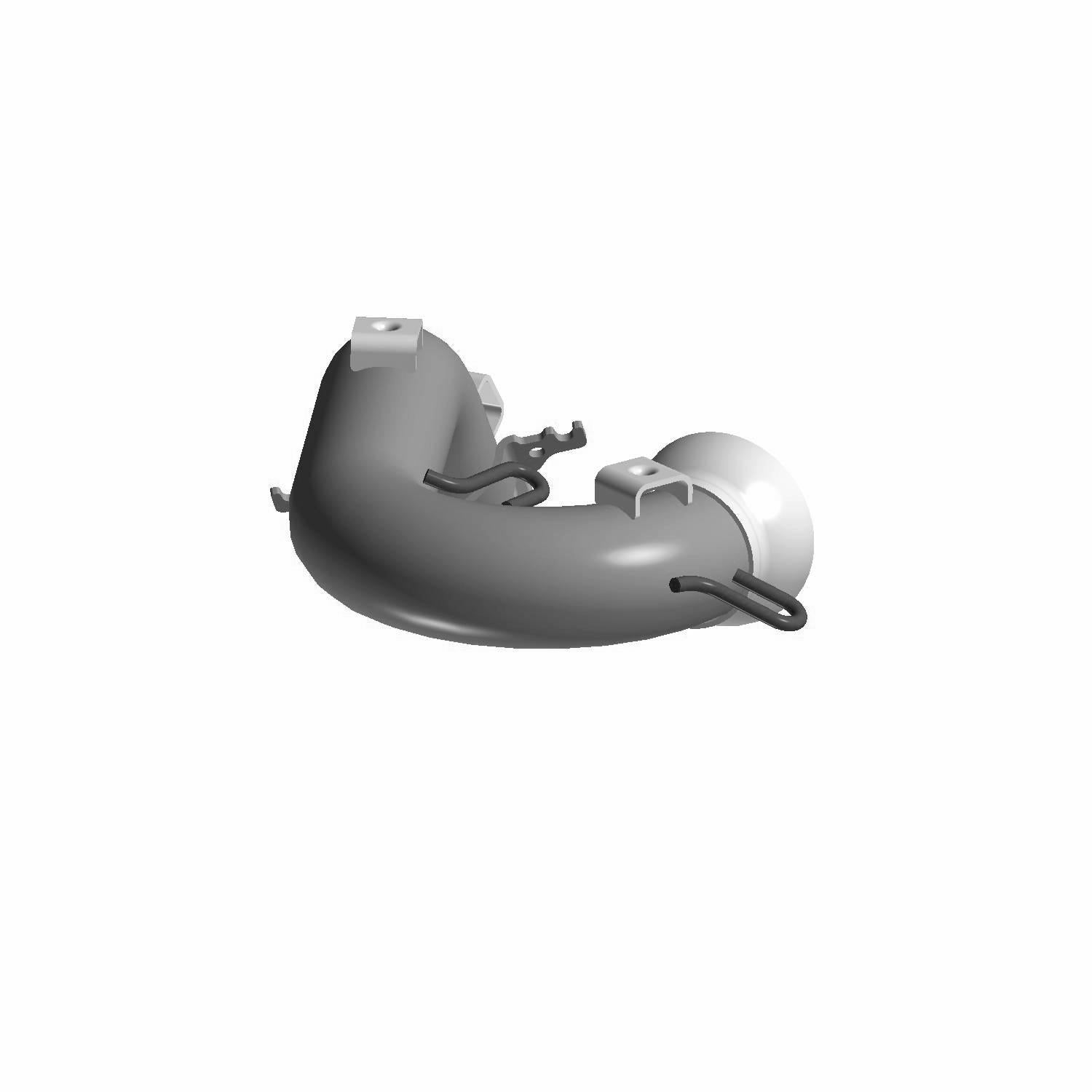 Curved black metal exhaust pipe with mounting brackets and silver heat shield.