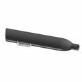 Matte black cylindrical rear muffler with a tapered end and mounting bracket attached.