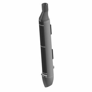 Black cylindrical motorcycle muffler with catalyst and heat shields, streamlined design.