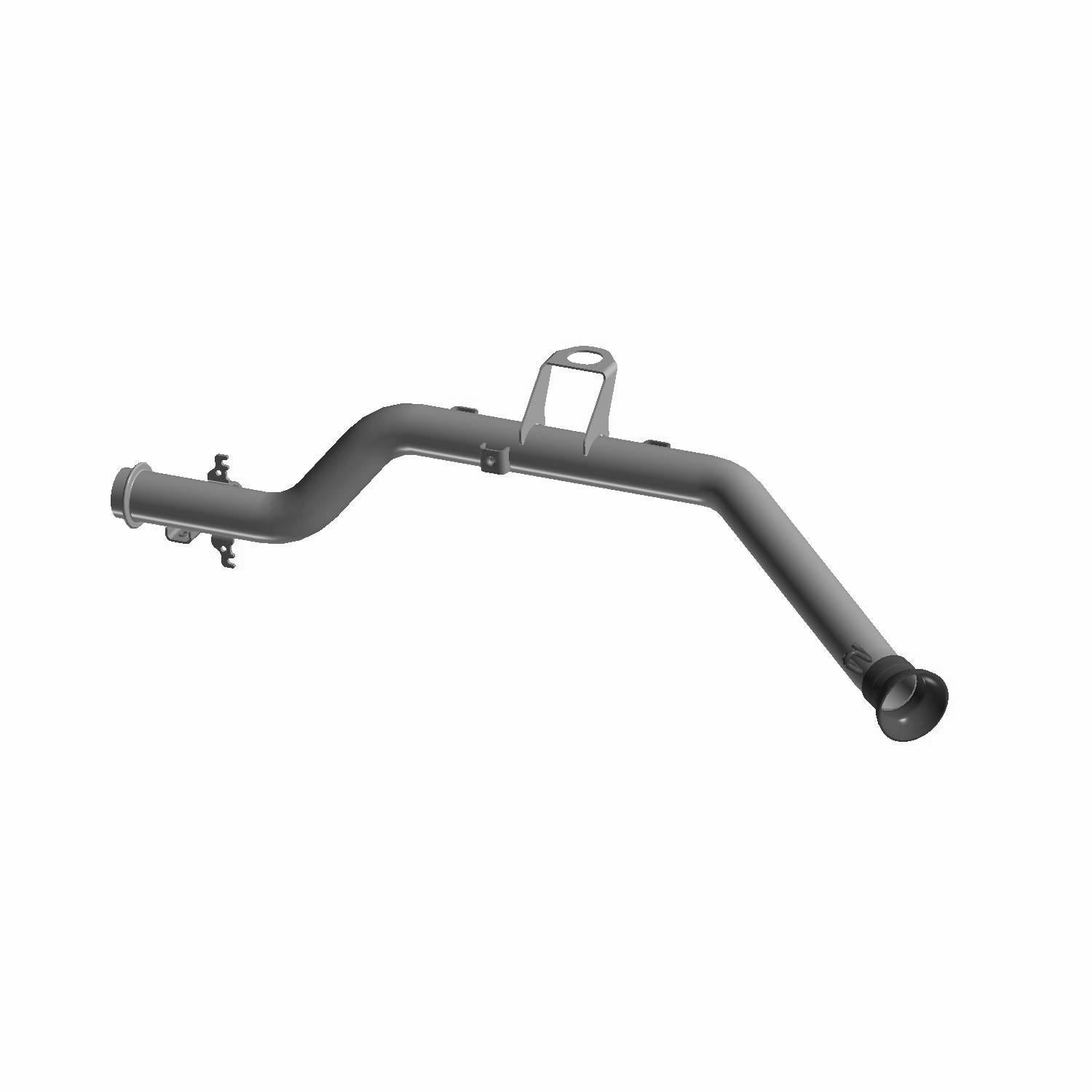 Matte black high-temperature coated metal exhaust pipe with mounting bracket and curved design.