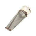 Cylindrical metal spark arrestor with fine mesh screen and silver polished rim.