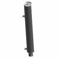 Long cylindrical black motorcycle muffler with a round silver end cap and mounting brackets.