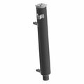 Long cylindrical black metal motorcycle muffler with mounting brackets and matte finish.