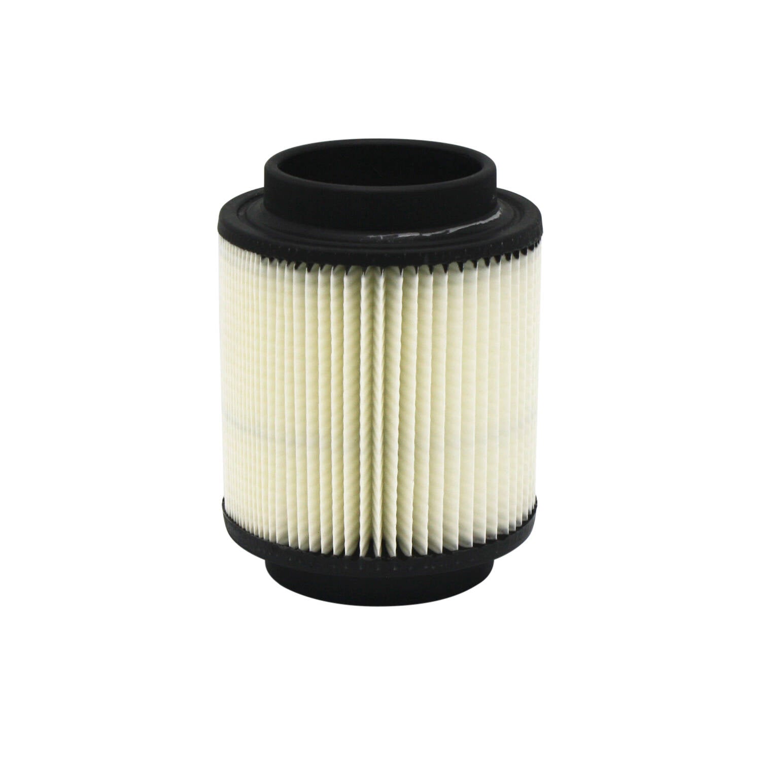Cylindrical air filter with white pleated paper element and black rubber top and bottom caps.