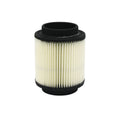Cylindrical air filter with white pleated paper element and black rubber top and bottom caps.